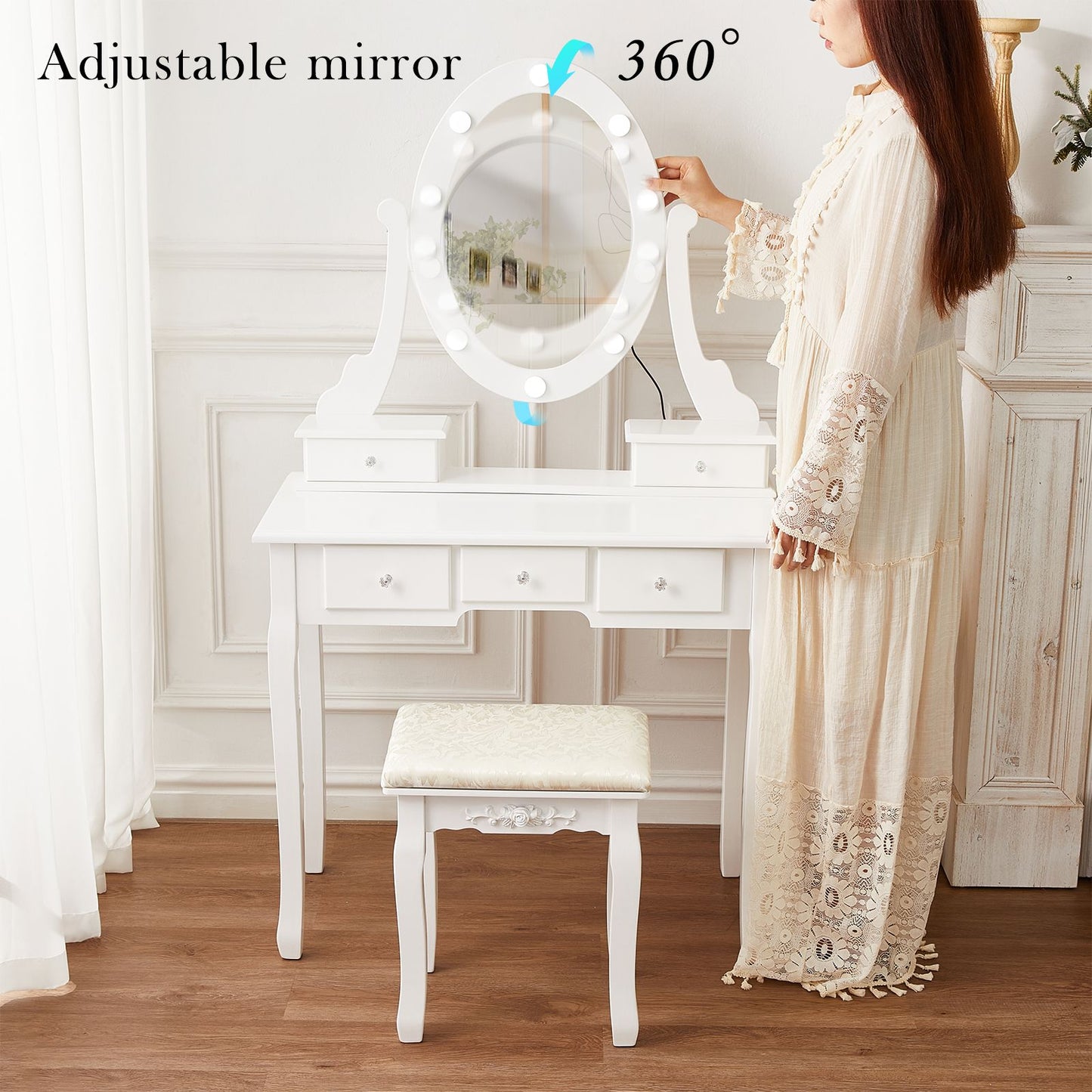 White Vintage Vanity Desk with Mirror and Stool