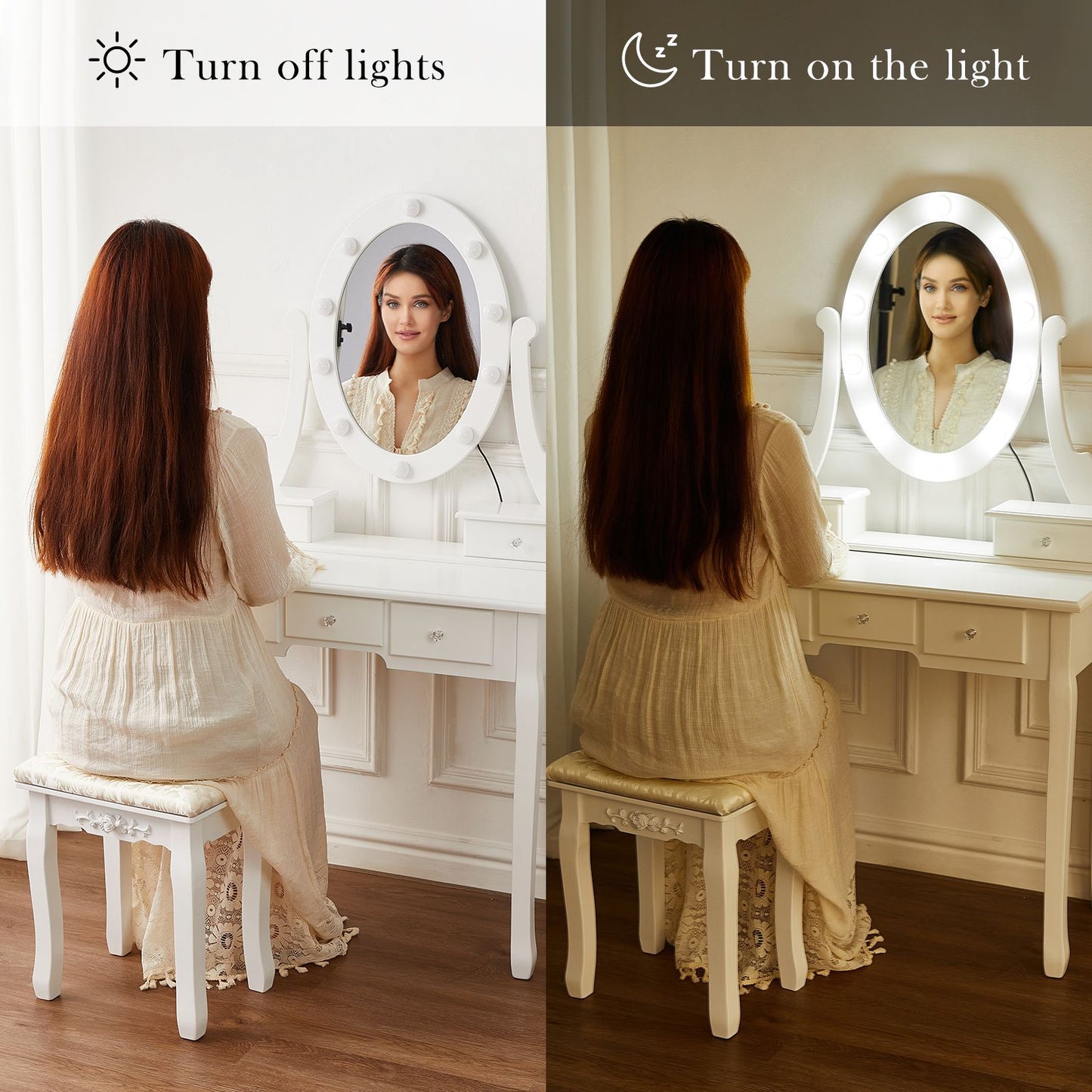 White Vintage Vanity Desk with Mirror and Stool