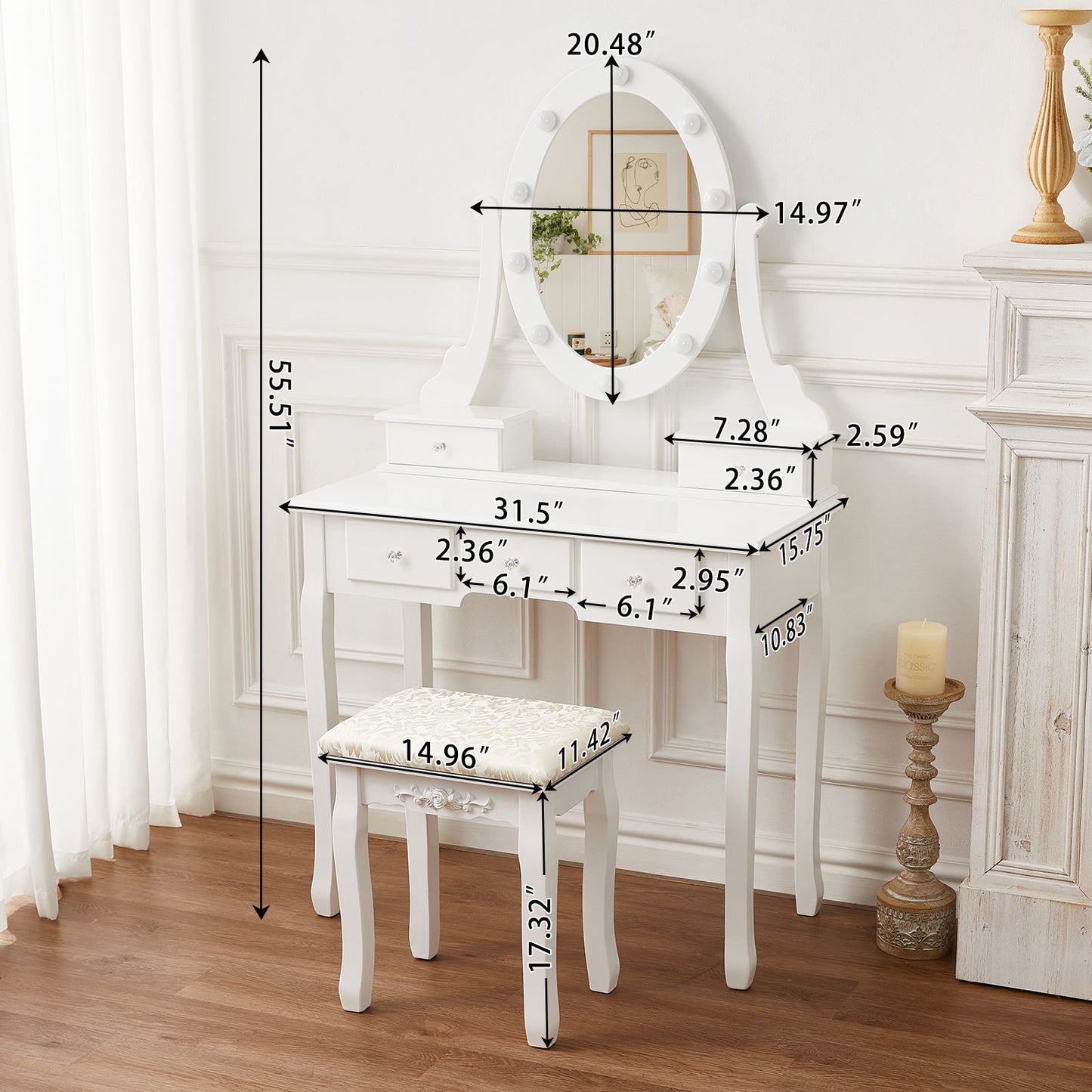 White Vintage Vanity Desk with Mirror and Stool