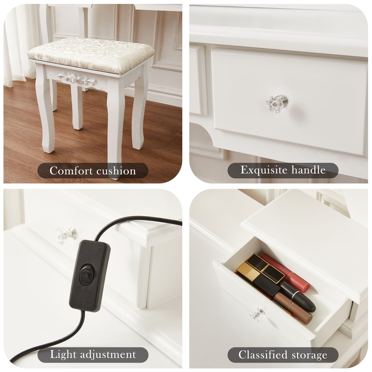 White Vintage Vanity Desk with Mirror and Stool