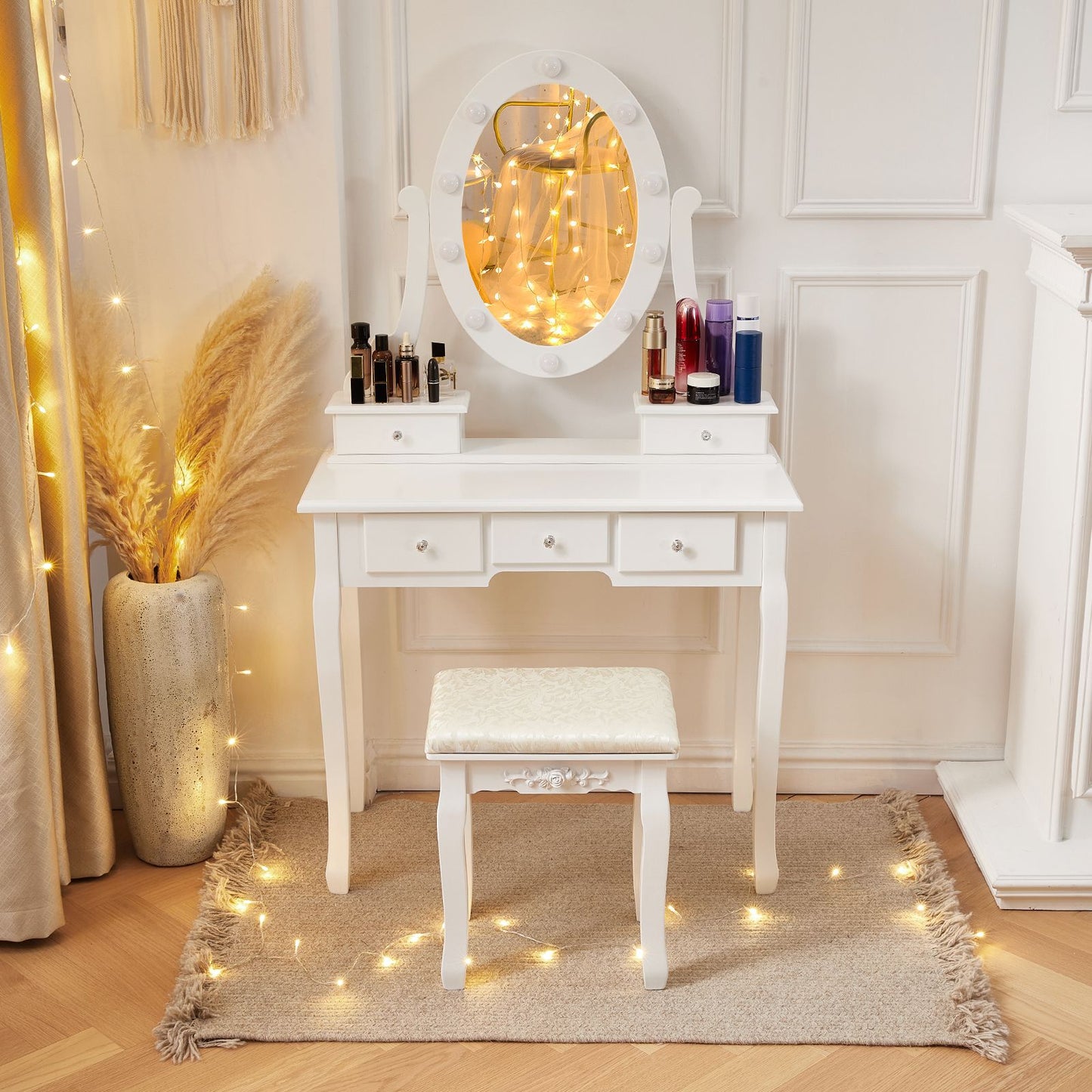 White Vintage Vanity Desk with Mirror and Stool