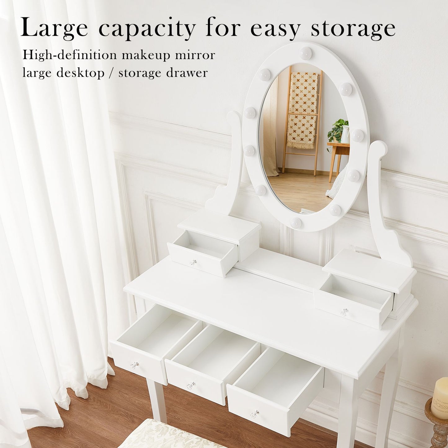 White Vintage Vanity Desk with Mirror and Stool