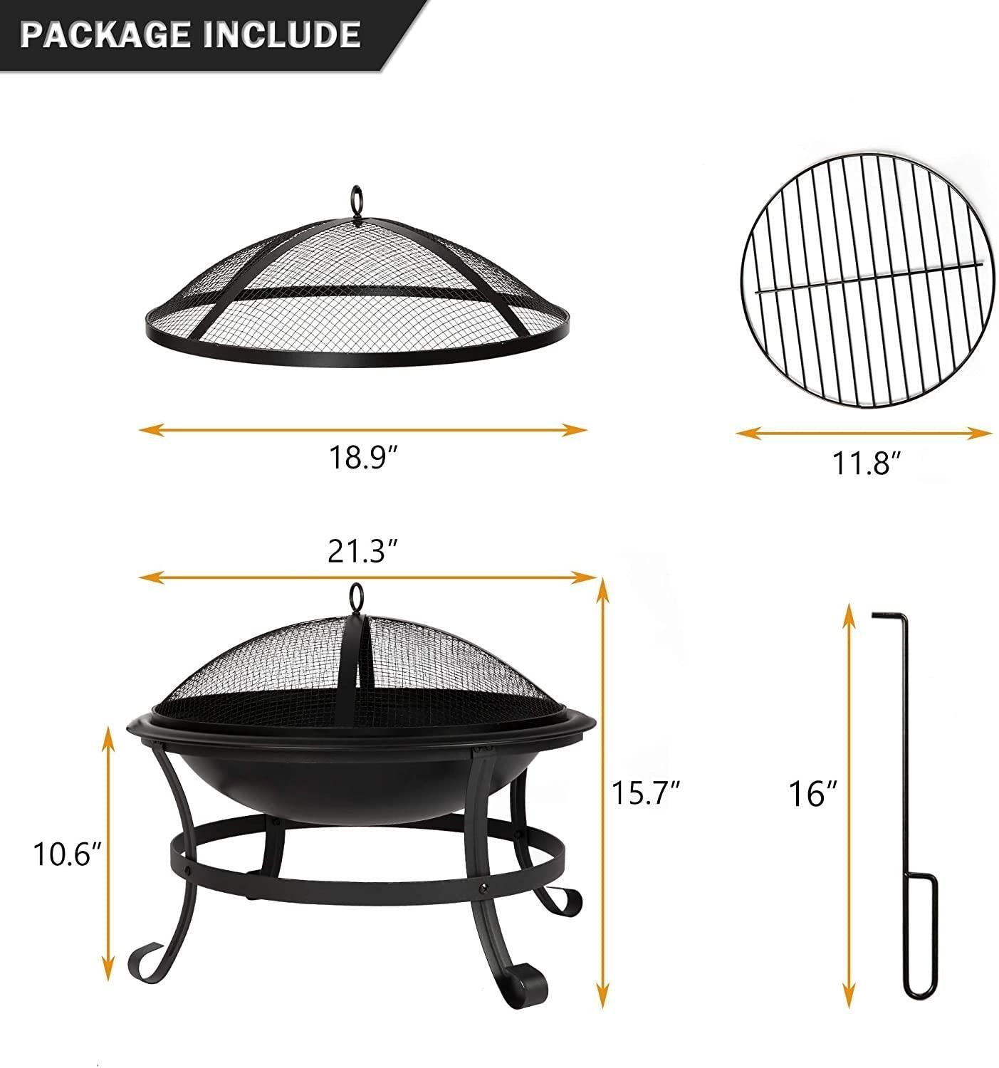 "Bosonshop 22'' Outdoor Fire Pit Grill with Spark Screen & Poker"