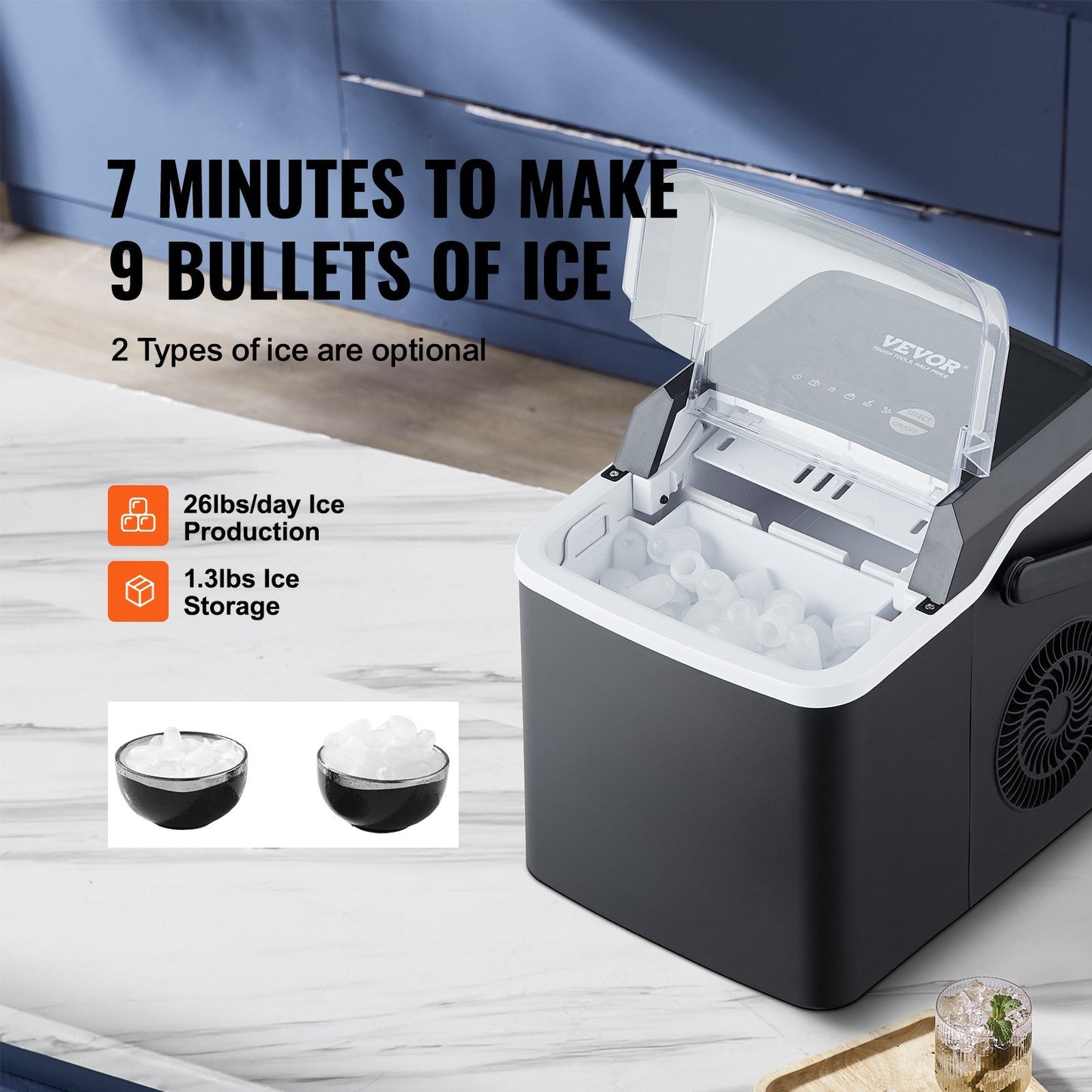 "VEVOR Countertop Ice Maker, 26lbs/24Hrs, Self-Cleaning with Ice Scoop and Basket"