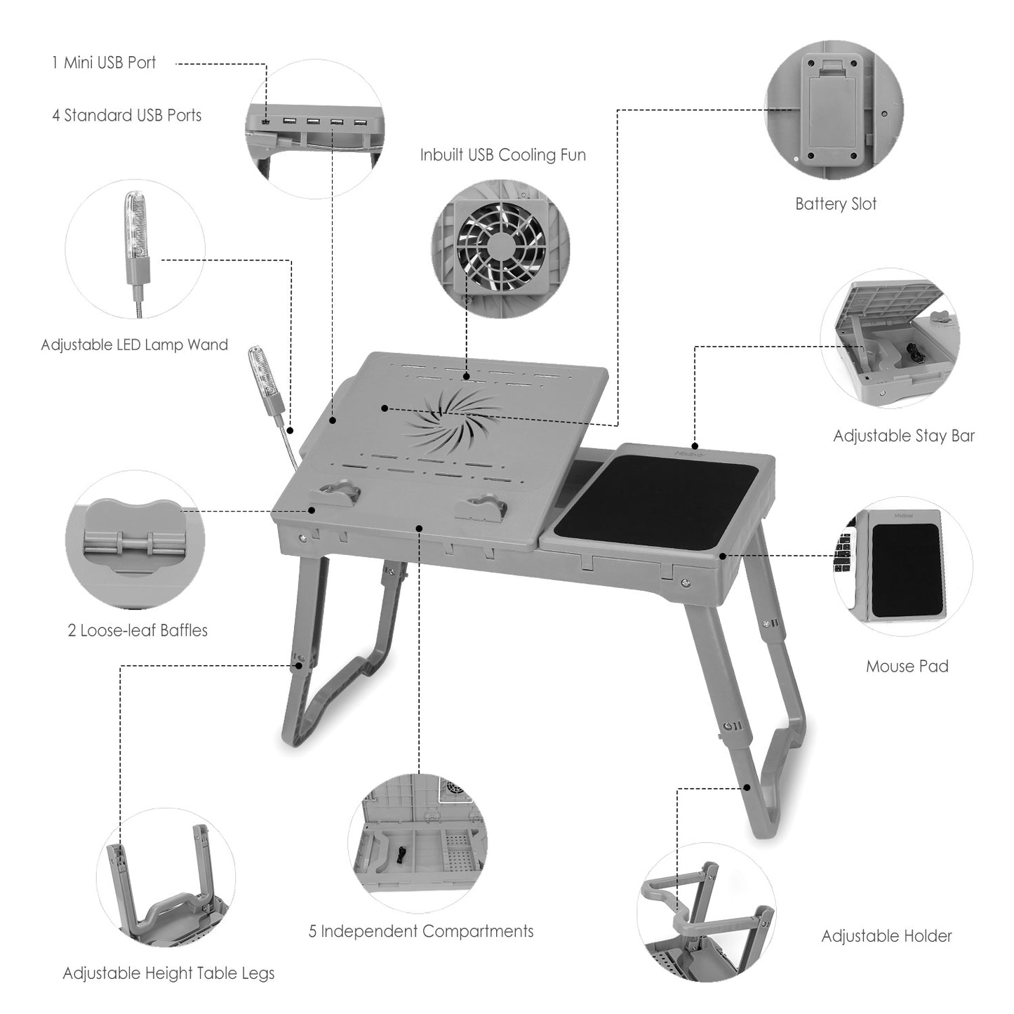 "Foldable Laptop Table with Cooling Fan, LED Light, and USB Ports"