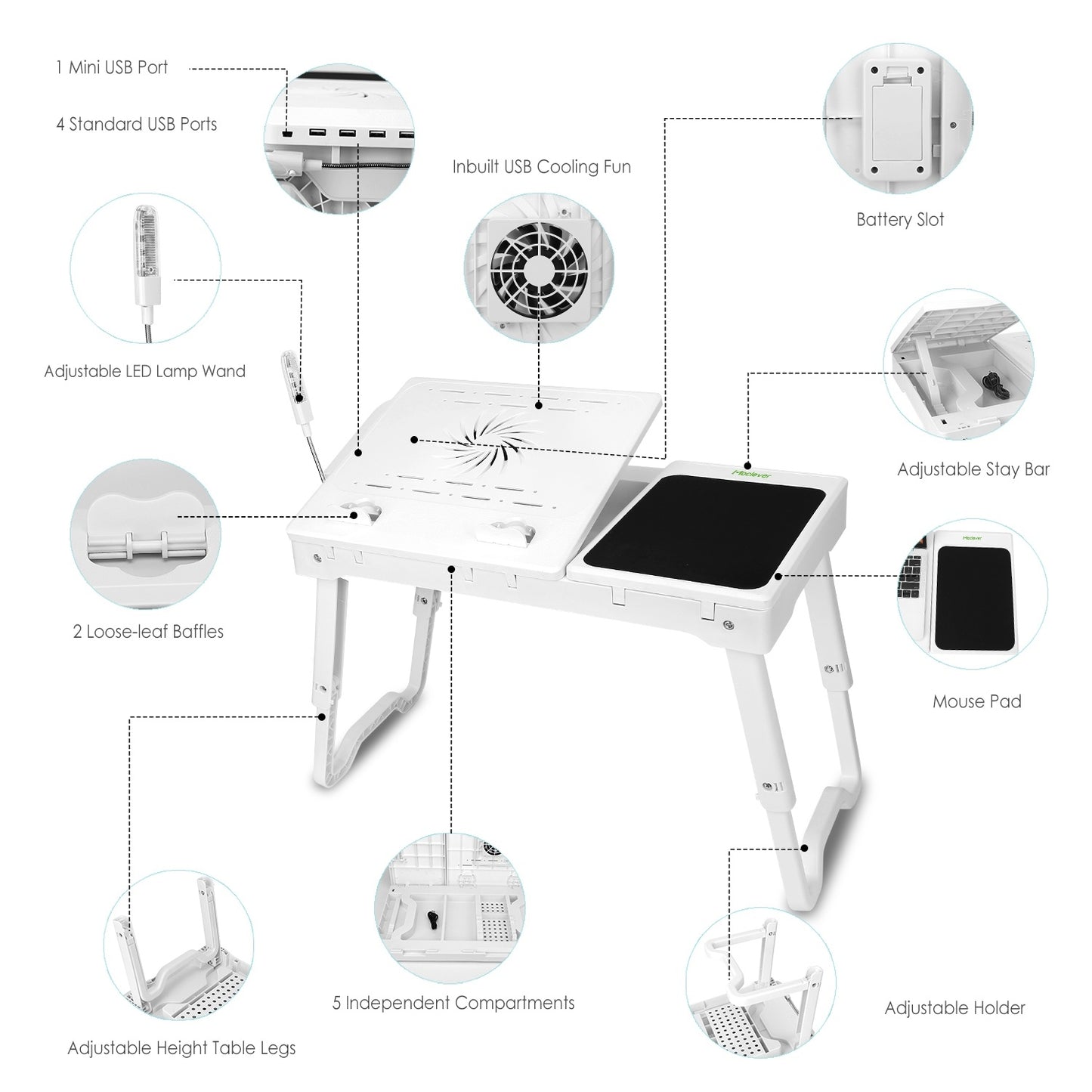 "Foldable Laptop Table with Cooling Fan, LED Light, and USB Ports"