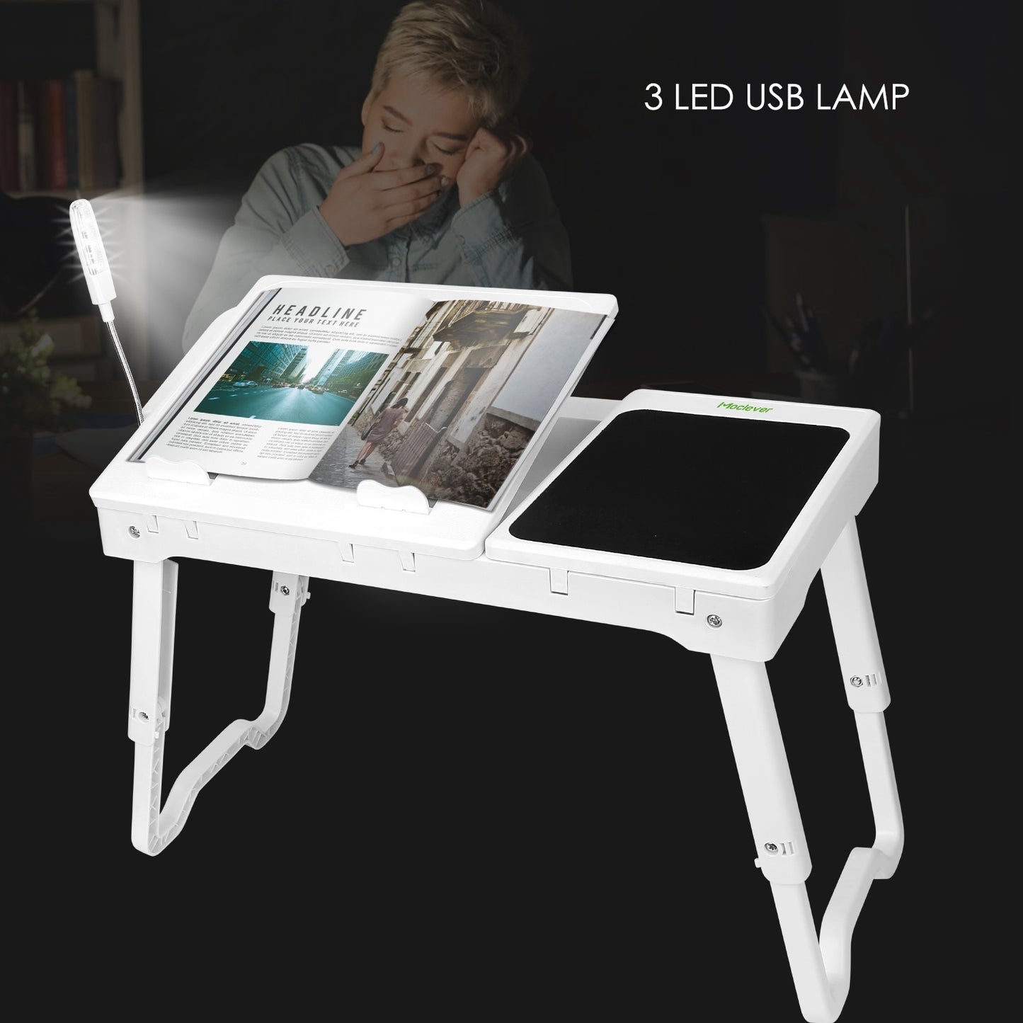 "Foldable Laptop Table with Cooling Fan, LED Light, and USB Ports"