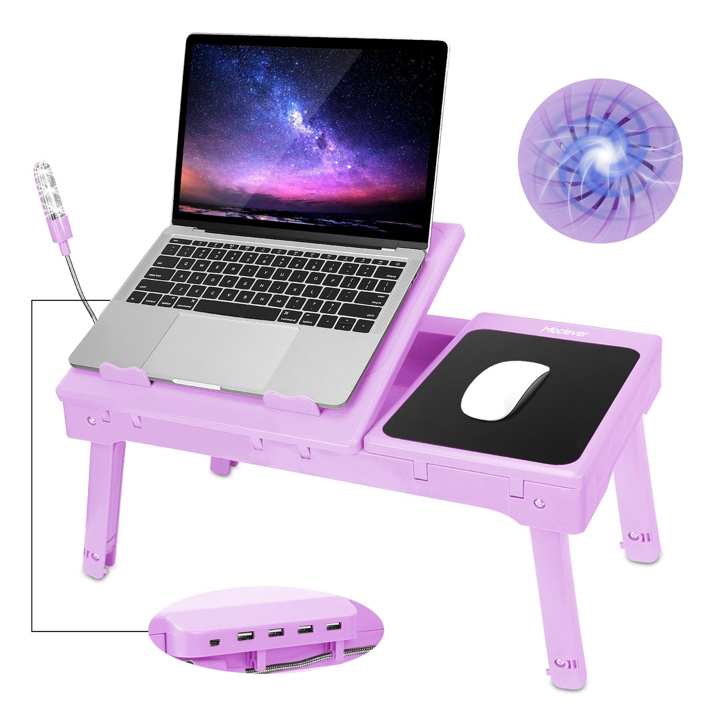 "Foldable Laptop Table with Cooling Fan, LED Light, and USB Ports"