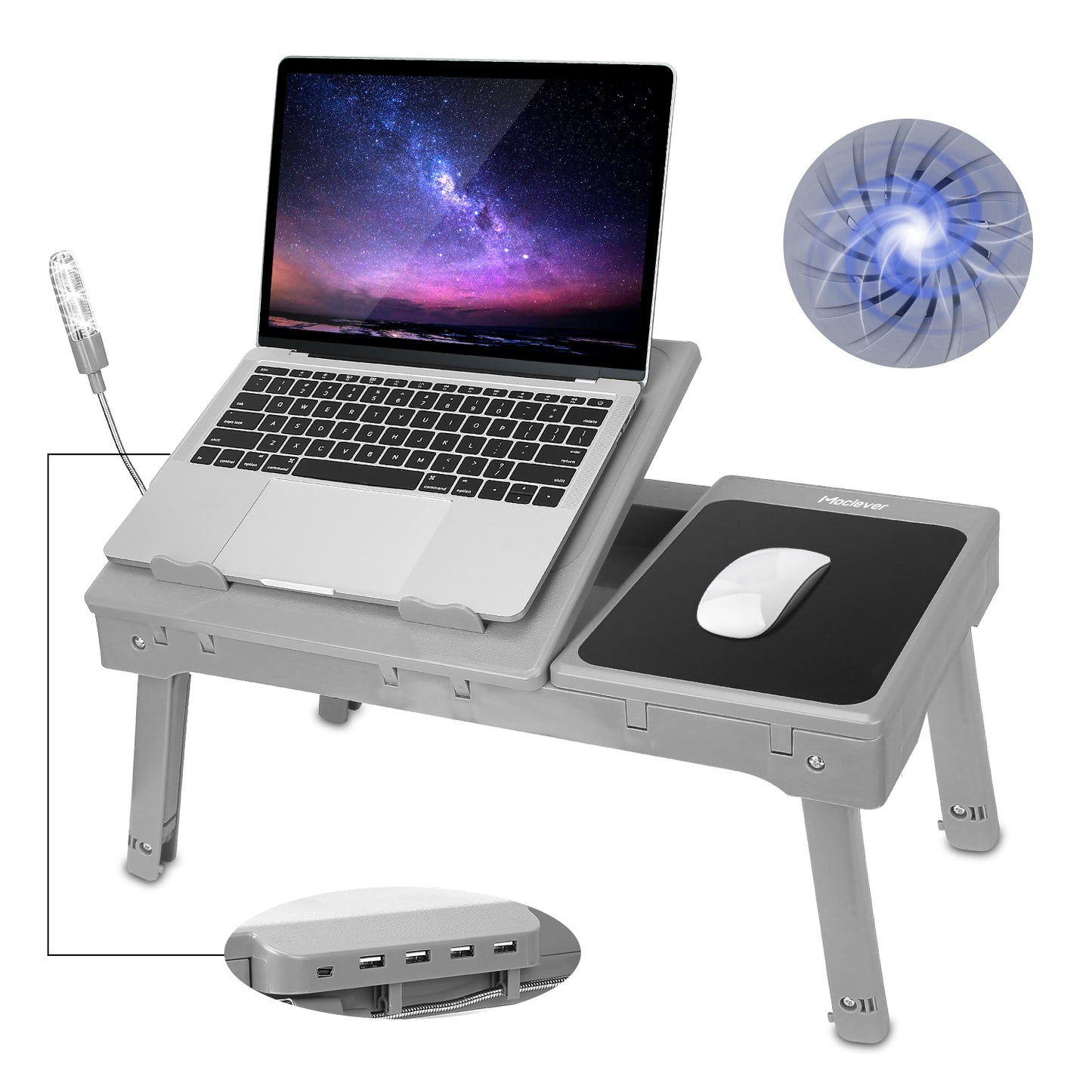 "Foldable Laptop Table with Cooling Fan, LED Light, and USB Ports"