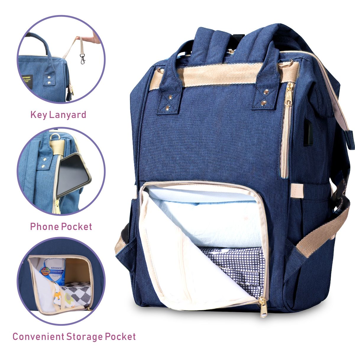 "Sunveno Navy Blue Diaper Bag & Mommy Backpack with Usb Port"