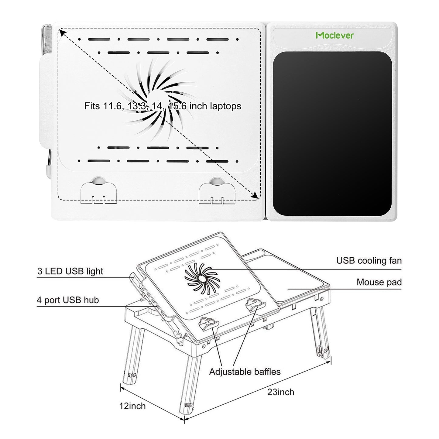 "Foldable Laptop Table with Cooling Fan, LED Light, and USB Ports"