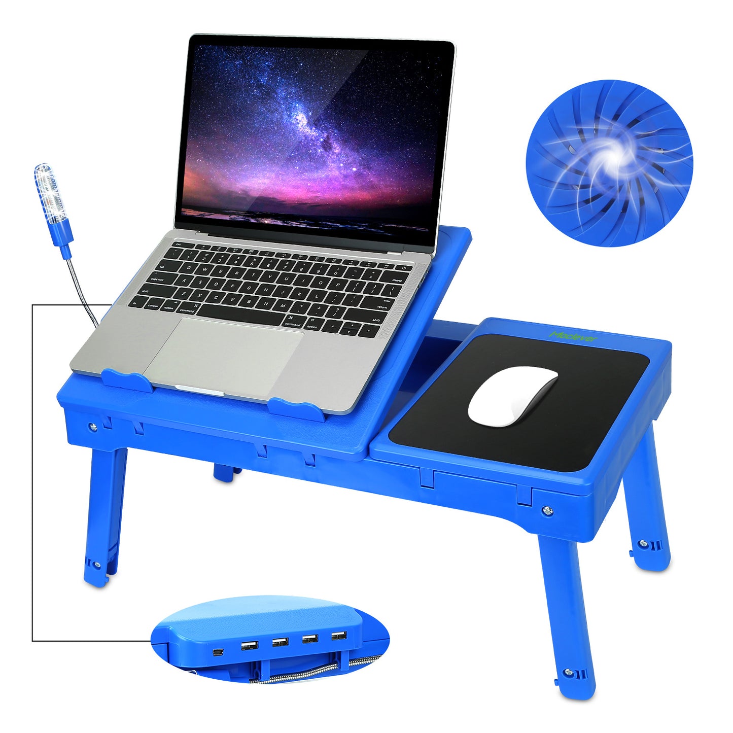 "Foldable Laptop Table with Cooling Fan, LED Light, and USB Ports"