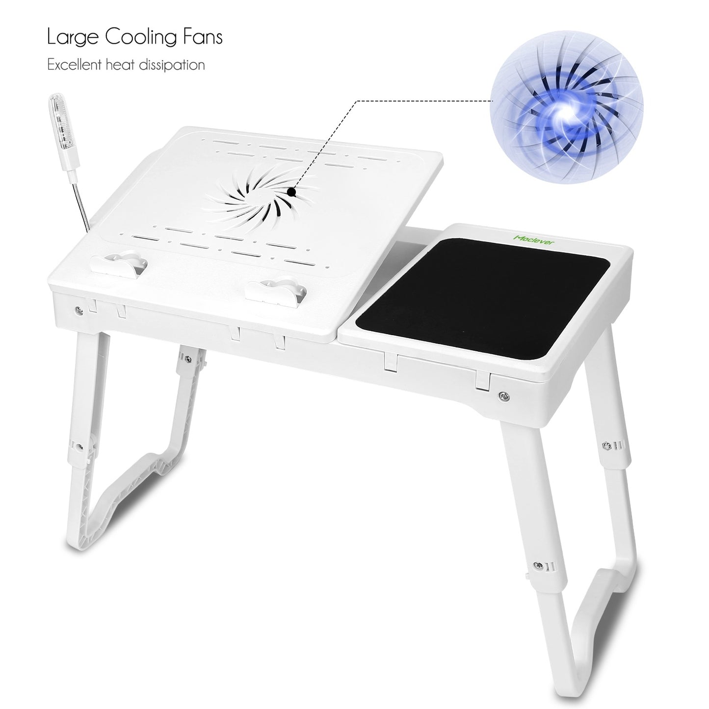 "Foldable Laptop Table with Cooling Fan, LED Light, and USB Ports"