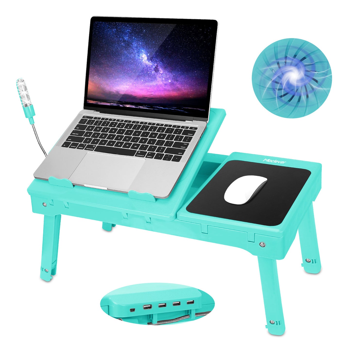 "Foldable Laptop Table with Cooling Fan, LED Light, and USB Ports"