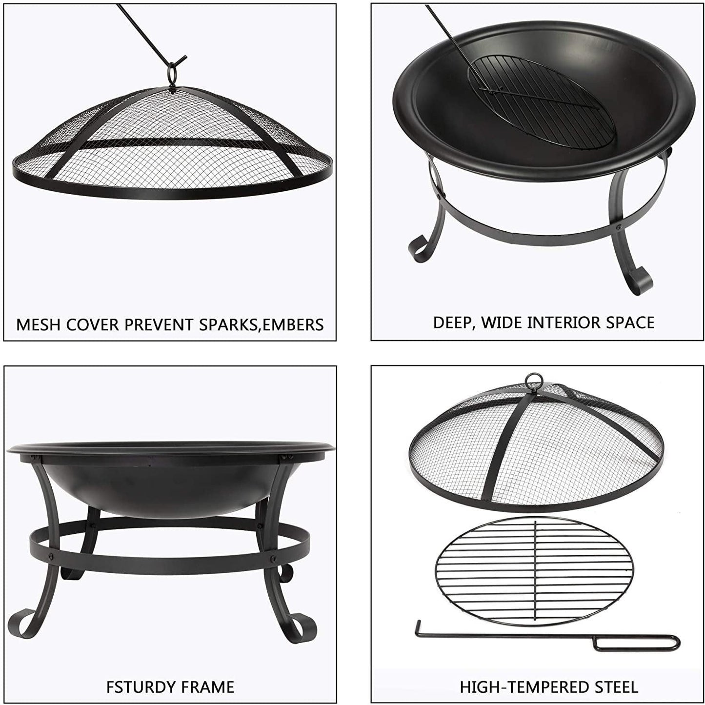 "Bosonshop 22'' Outdoor Fire Pit Grill with Spark Screen & Poker"