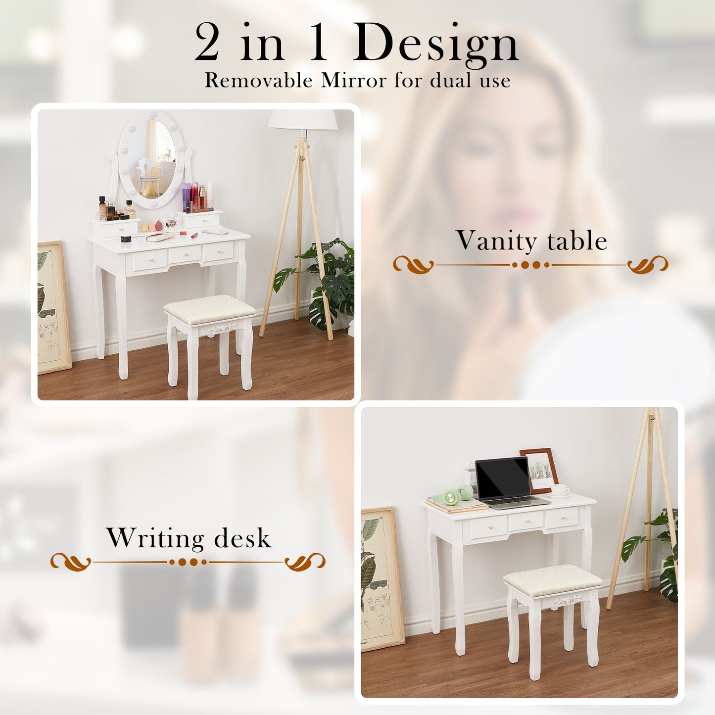 White Vintage Vanity Desk with Mirror and Stool