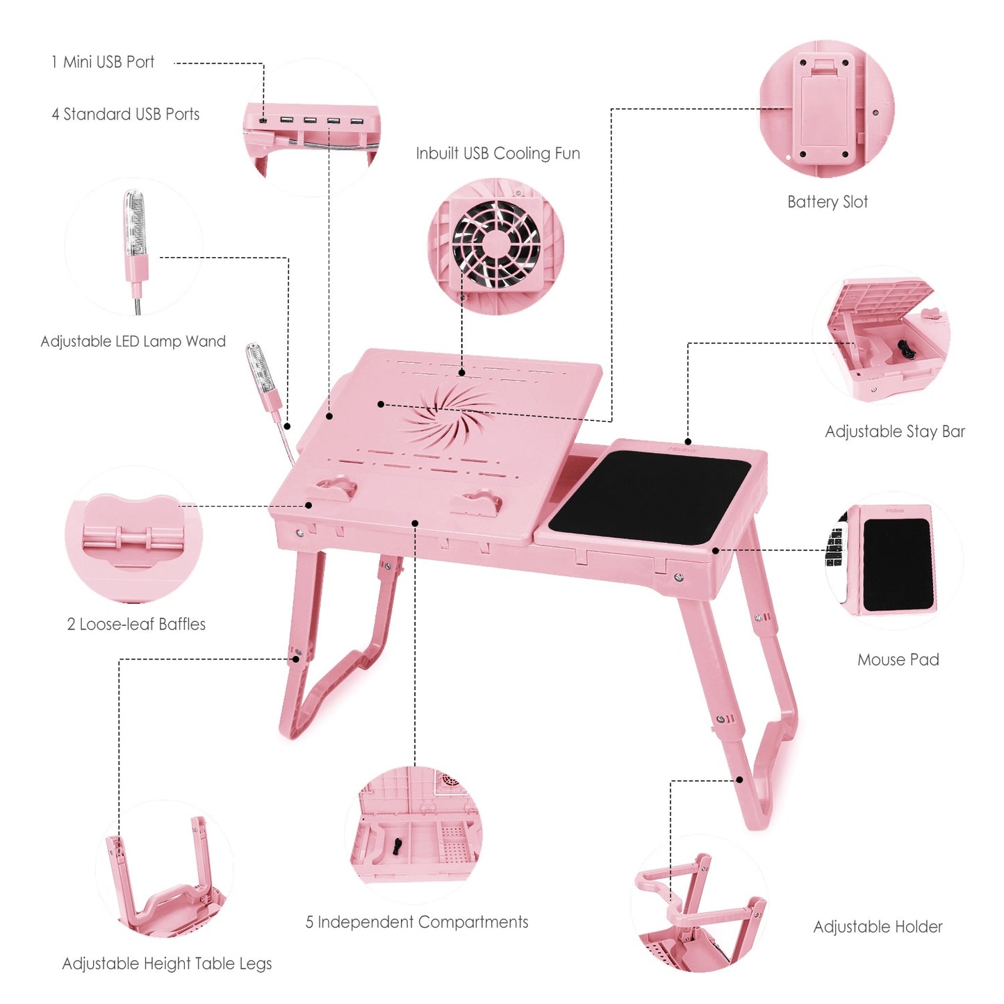 "Foldable Laptop Table with Cooling Fan, LED Light, and USB Ports"