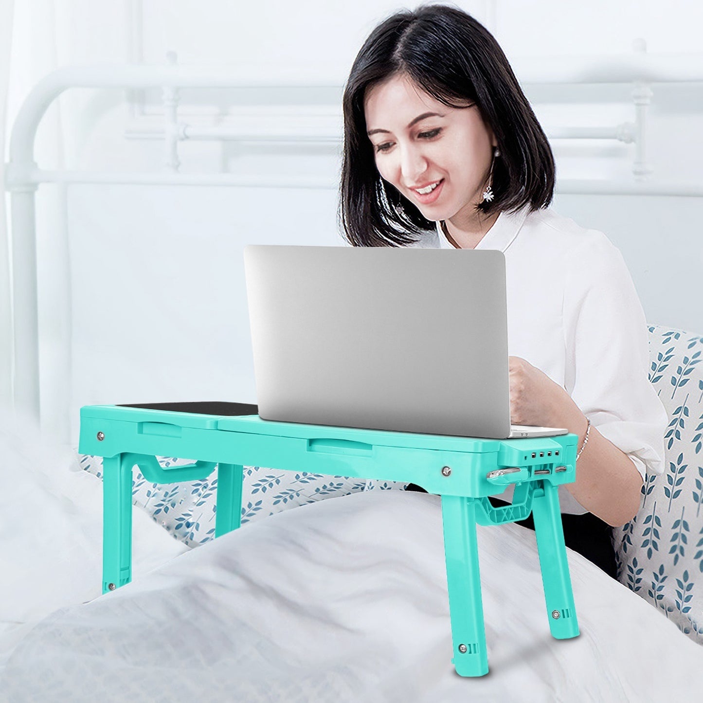 "Foldable Laptop Table with Cooling Fan, LED Light, and USB Ports"