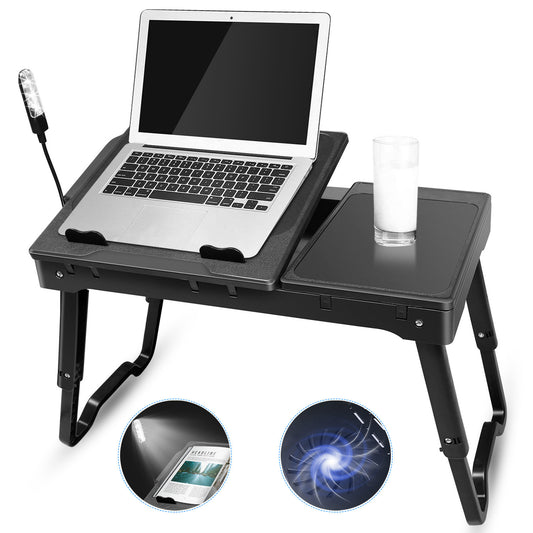 "Foldable Laptop Table with Cooling Fan, LED Light, and USB Ports"