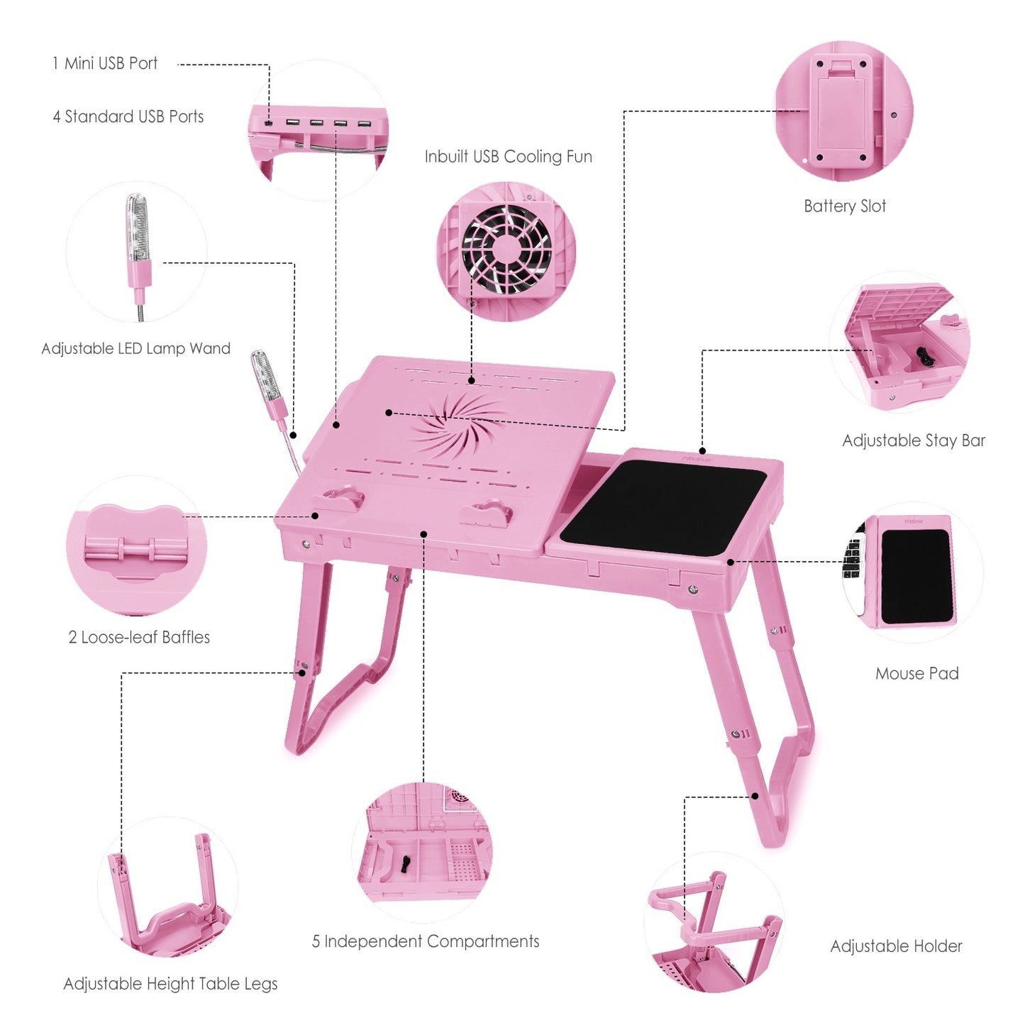 "Foldable Laptop Table with Cooling Fan, LED Light, and USB Ports"