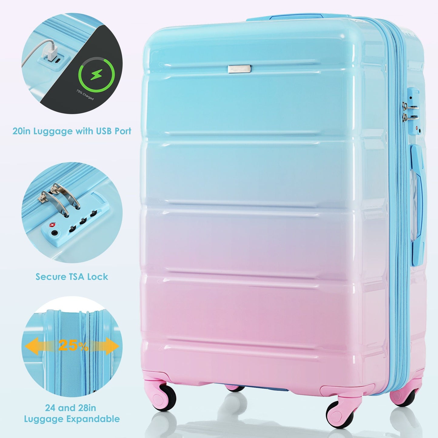 "3-Piece Luggage Set: 20'' Carry-On with USB & Cup Holder"