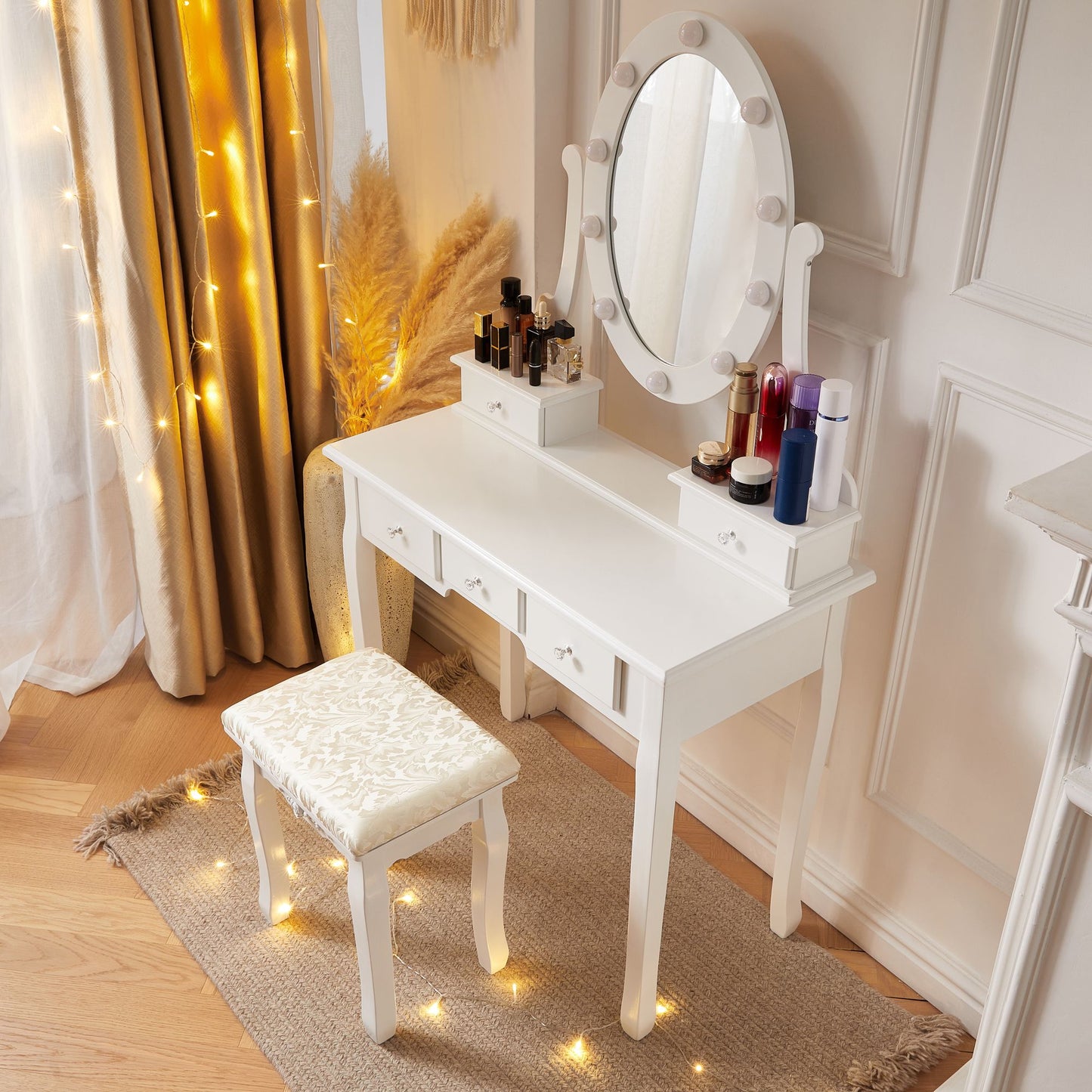 White Vintage Vanity Desk with Mirror and Stool