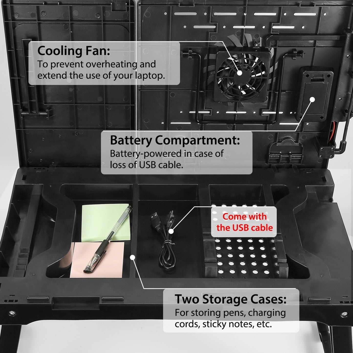 "Foldable Laptop Table with Cooling Fan, LED Light, and USB Ports"