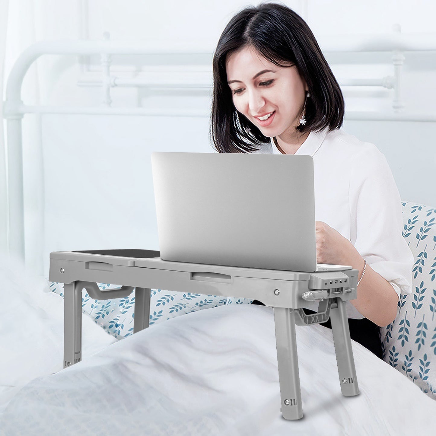 "Foldable Laptop Table with Cooling Fan, LED Light, and USB Ports"