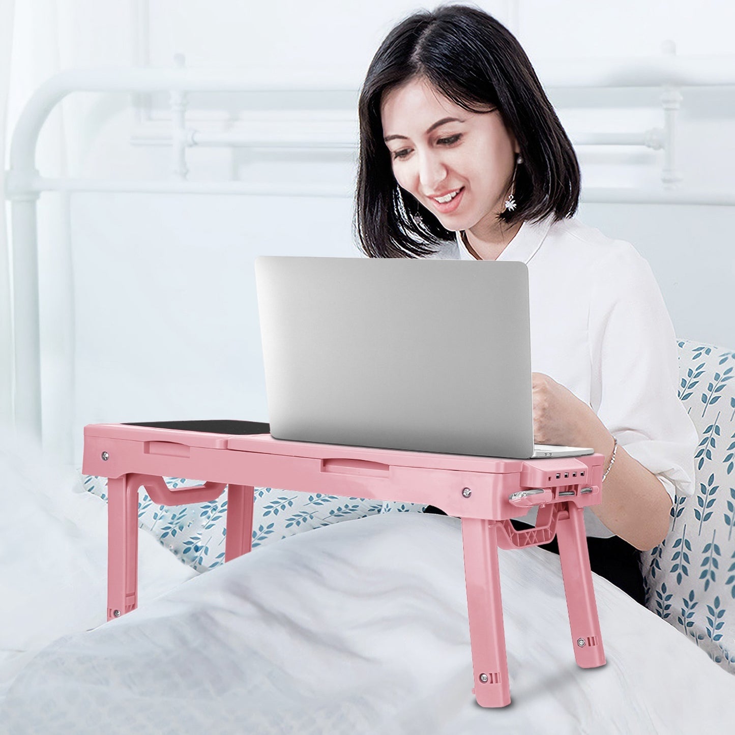 "Foldable Laptop Table with Cooling Fan, LED Light, and USB Ports"