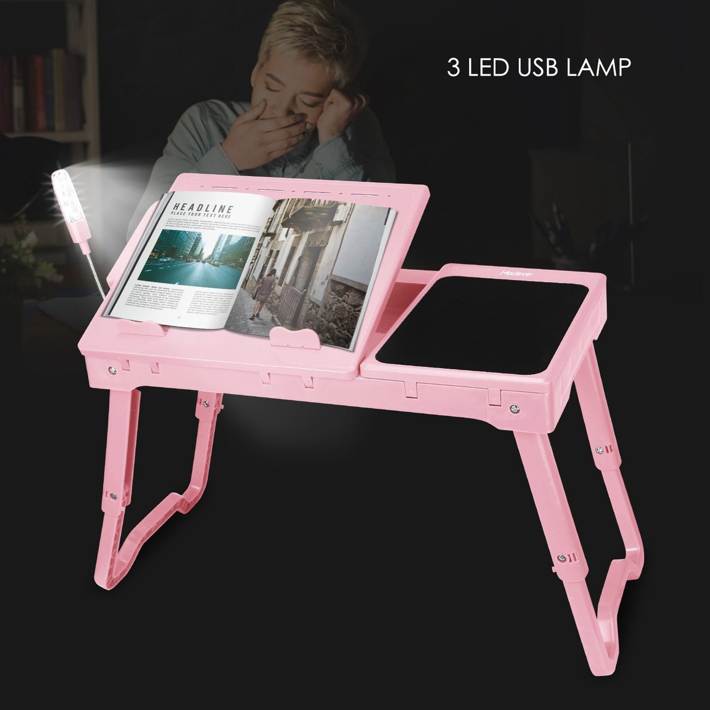 "Foldable Laptop Table with Cooling Fan, LED Light, and USB Ports"