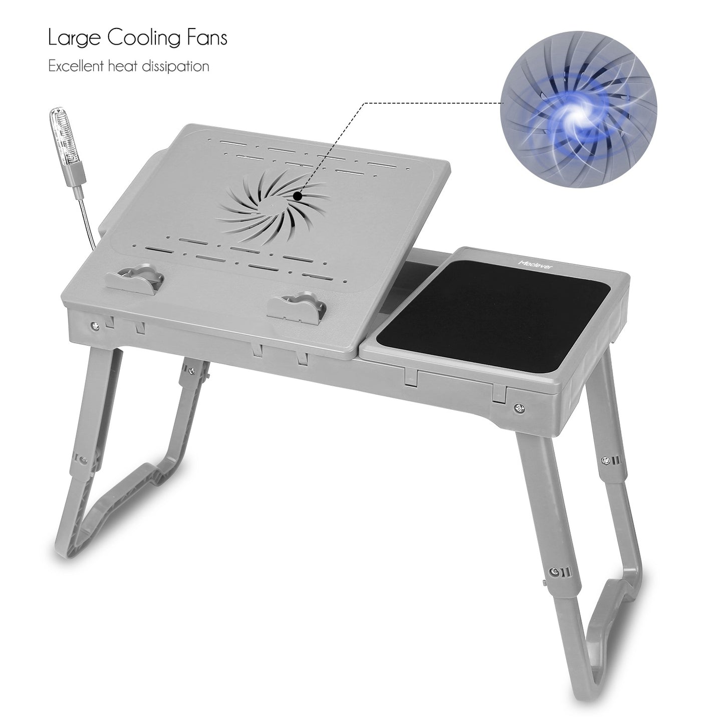 "Foldable Laptop Table with Cooling Fan, LED Light, and USB Ports"