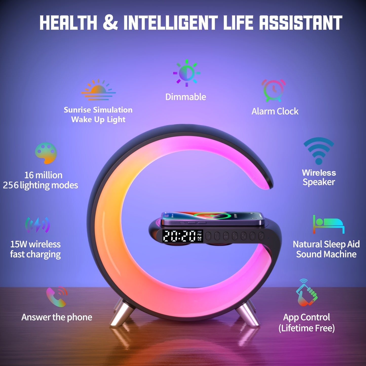 RGB Light Bar Alarm Clock with charger